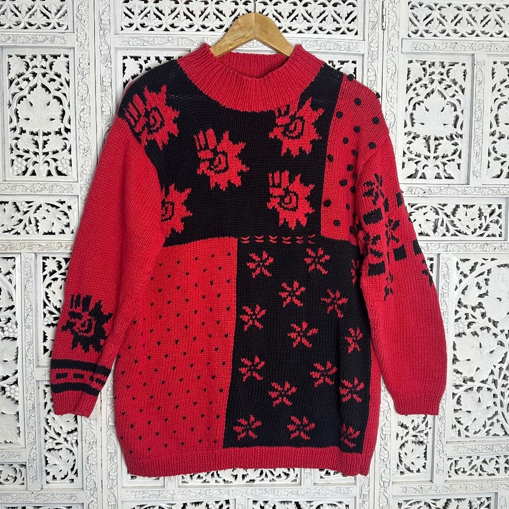 Vintage‎ Black & Red Patchwork Chunky Mockneck Grannycore Grandpa Sweater Sz S